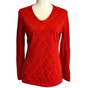 Tommy Hilfiger Embellished Argyle‎ Sweater Women's V-Neck Long Sleeve Red Medium
